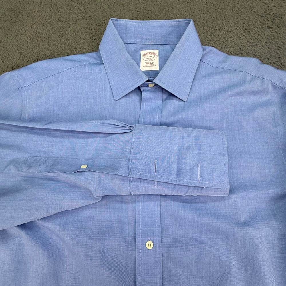 Brooks Brothers 346 Dress Shirt Mens 16-34 Blue Non-Iron Regular Fit Stripe
